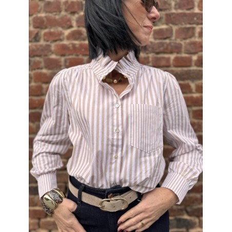 Chemise Femme Rayée Col Victorien – Marron/Blanc ou Beige/Blanc (XS à L)