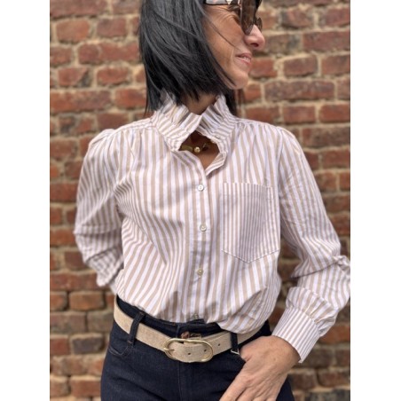 Chemise Femme Rayée Col Victorien – Marron/Blanc ou Beige/Blanc (XS à L)