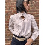 Chemise Femme Rayée Col Victorien – Marron/Blanc ou Beige/Blanc (XS à L)
