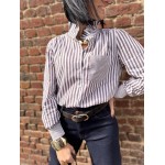Chemise Femme Rayée Col Victorien – Marron/Blanc ou Beige/Blanc (XS à L)