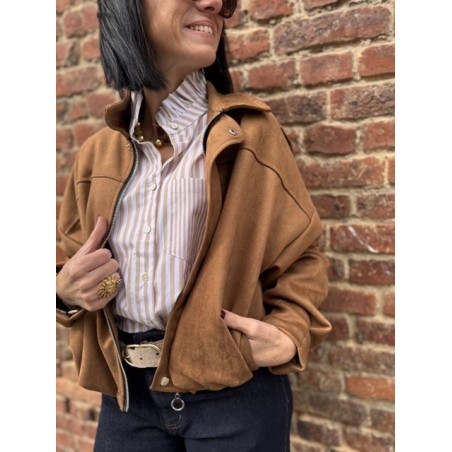 Bomber Court Femme en Suédine Camel – Taille Unique 36 à 40
