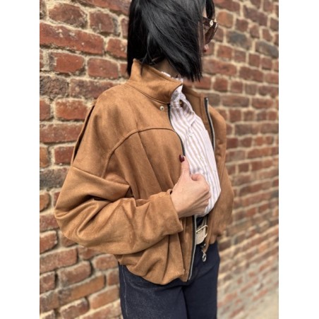 Bomber Court Femme en Suédine Camel – Taille Unique 36 à 40