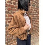 Bomber Court Femme en Suédine Camel – Taille Unique 36 à 40