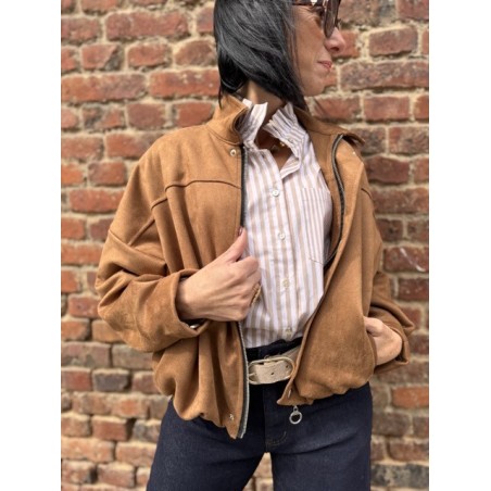 Bomber Court Femme en Suédine Camel – Taille Unique 36 à 40