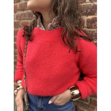 Pull Femme Col Rond Classique – Rouge Corail (Taille Unique 36 à 42)