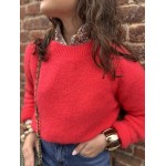 Pull Femme Col Rond Classique – Rouge Corail (Taille Unique 36 à 42)