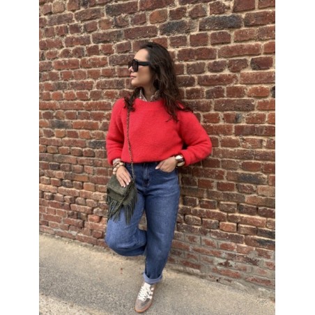 Pull Femme Col Rond Classique – Rouge Corail (Taille Unique 36 à 42)