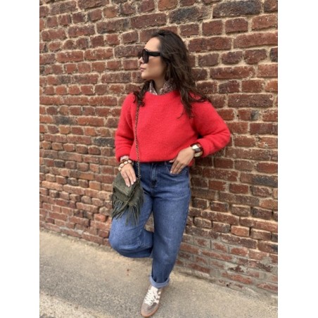 Pull Femme Col Rond Classique – Rouge Corail (Taille Unique 36 à 42)