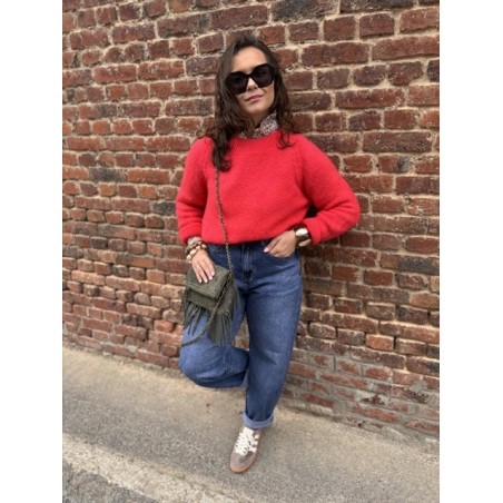 Pull Femme Col Rond Classique – Rouge Corail (Taille Unique 36 à 42)
