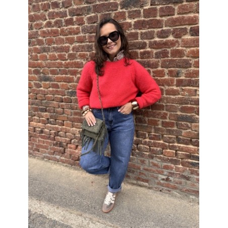 Pull Femme Col Rond Classique – Rouge Corail (Taille Unique 36 à 42)