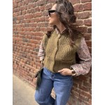 Gilet Sans Manches Kaki Femme – Boutons Cœurs Fantaisie (Taille Unique 36 à 40).