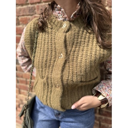 Gilet Sans Manches Kaki Femme – Boutons Cœurs Fantaisie (Taille Unique 36 à 40).