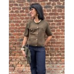 Pull manches courtes femme chic – Kaki ou Bordeaux | Boutons dorés & poches poitrine | Taille unique 36-40