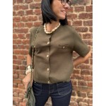 Pull manches courtes femme chic – Kaki ou Bordeaux | Boutons dorés & poches poitrine | Taille unique 36-40