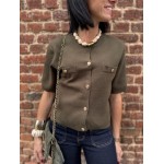 Pull manches courtes femme chic – Kaki ou Bordeaux | Boutons dorés & poches poitrine | Taille unique 36-40