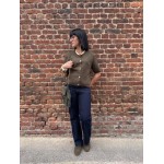 Pull manches courtes femme chic – Kaki ou Bordeaux | Boutons dorés & poches poitrine | Taille unique 36-40