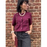 Pull manches courtes femme chic – Kaki ou Bordeaux | Boutons dorés & poches poitrine | Taille unique 36-40