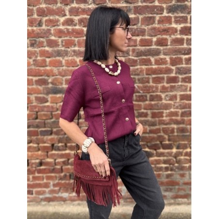 Pull manches courtes femme chic – Kaki ou Bordeaux | Boutons dorés & poches poitrine | Taille unique 36-40