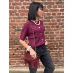Pull manches courtes femme chic – Kaki ou Bordeaux | Boutons dorés & poches poitrine | Taille unique 36-40