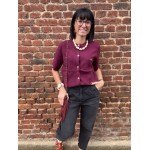 Pull manches courtes femme chic – Kaki ou Bordeaux | Boutons dorés & poches poitrine | Taille unique 36-40
