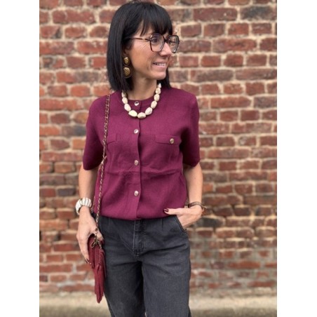 Pull manches courtes femme chic – Kaki ou Bordeaux | Boutons dorés & poches poitrine | Taille unique 36-40