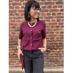 Pull manches courtes femme chic – Kaki ou Bordeaux | Boutons dorés & poches poitrine | Taille unique 36-40