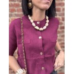 Pull manches courtes femme chic – Kaki ou Bordeaux | Boutons dorés & poches poitrine | Taille unique 36-40