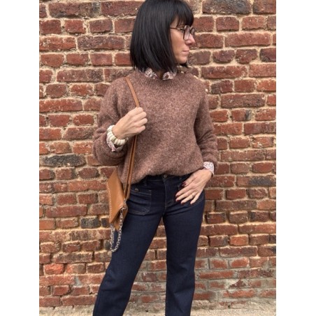 Pull marron femme chic – Détails soleil & coquillages à l’épaule | Taille unique 36-42