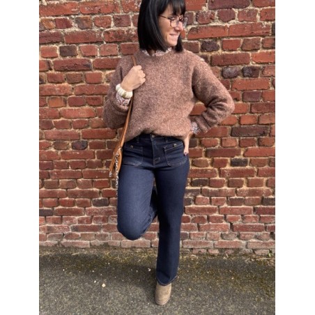 Pull marron femme chic – Détails soleil & coquillages à l’épaule | Taille unique 36-42