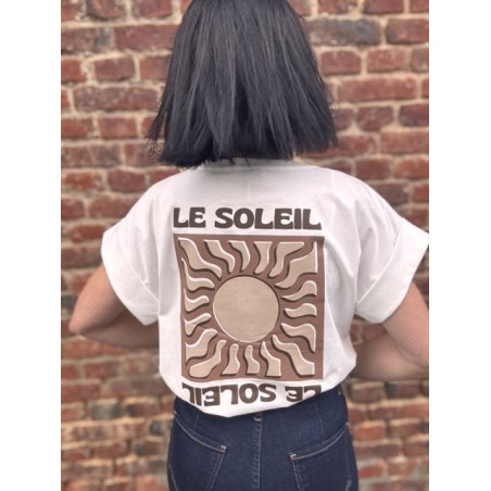T-shirt blanc femme motif soleil – Dos imprimé & poitrine | Vert ou Marron | Taille unique 36-42
