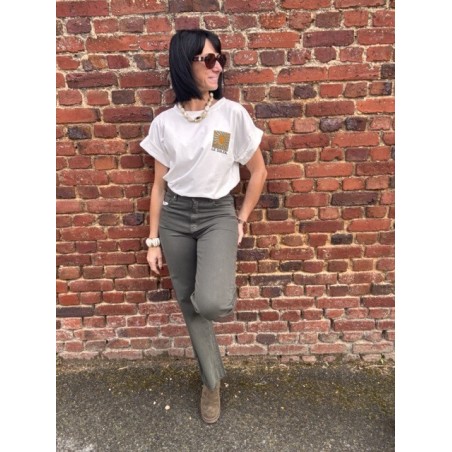 T-shirt blanc femme motif soleil – Dos imprimé & poitrine | Vert ou Marron | Taille unique 36-42