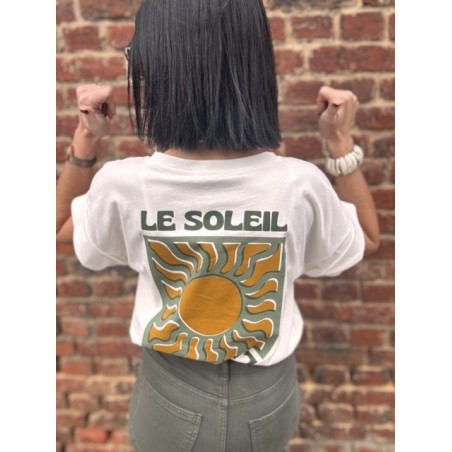 T-shirt blanc femme motif soleil – Dos imprimé & poitrine | Vert ou Marron | Taille unique 36-42