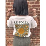 T-shirt blanc femme motif soleil – Dos imprimé & poitrine | Vert ou Marron | Taille unique 36-42