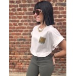 T-shirt blanc femme motif soleil – Dos imprimé & poitrine | Vert ou Marron | Taille unique 36-42
