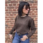 Pull marron femme chic – Col volanté fleuri & dos boutonné | Taille unique 36-42