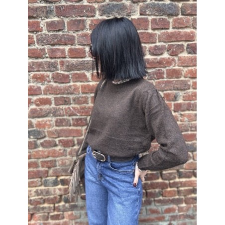 Pull marron femme chic – Col volanté fleuri & dos boutonné | Taille unique 36-42