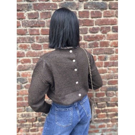 Pull marron femme chic – Col volanté fleuri & dos boutonné | Taille unique 36-42