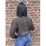 Pull marron femme chic – Col volanté fleuri & dos boutonné | Taille unique 36-42