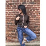 Pull marron femme chic – Détails volantés & boutons fleuris | Taille unique 36-42