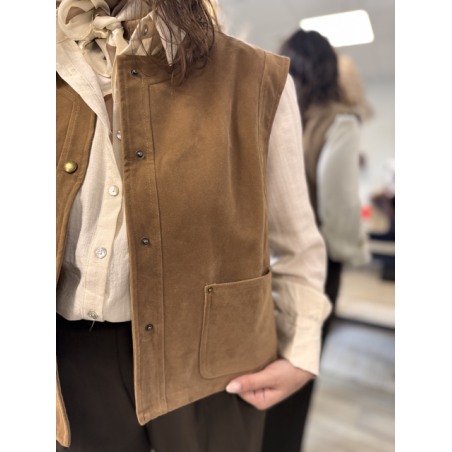 Gilet sans manches camel femme – Effet daim avec poches – Taille unique 36 à 40