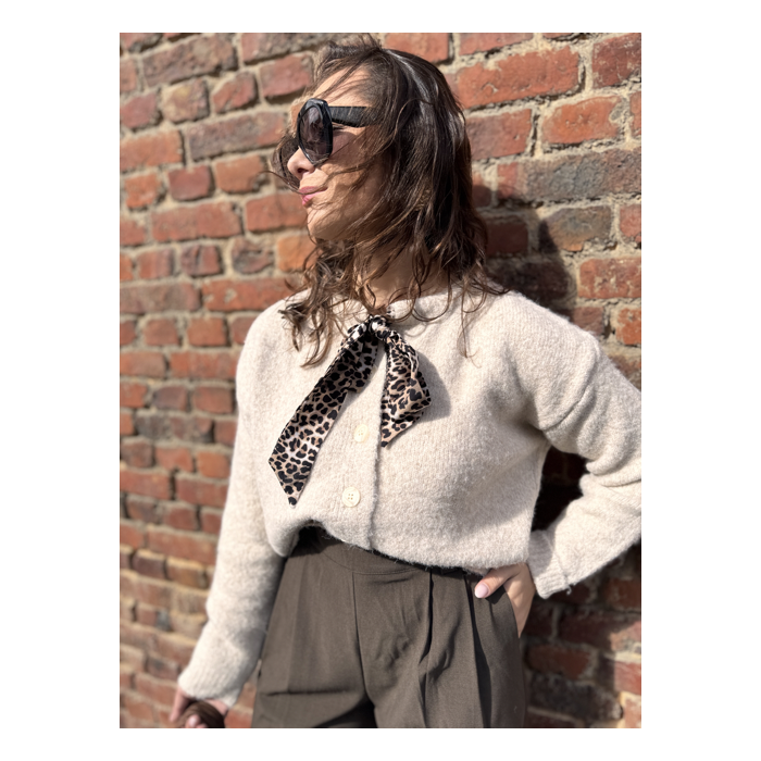 Gilet court femme beige ou marron – Nœud léopard au col – Taille unique 36 à 40