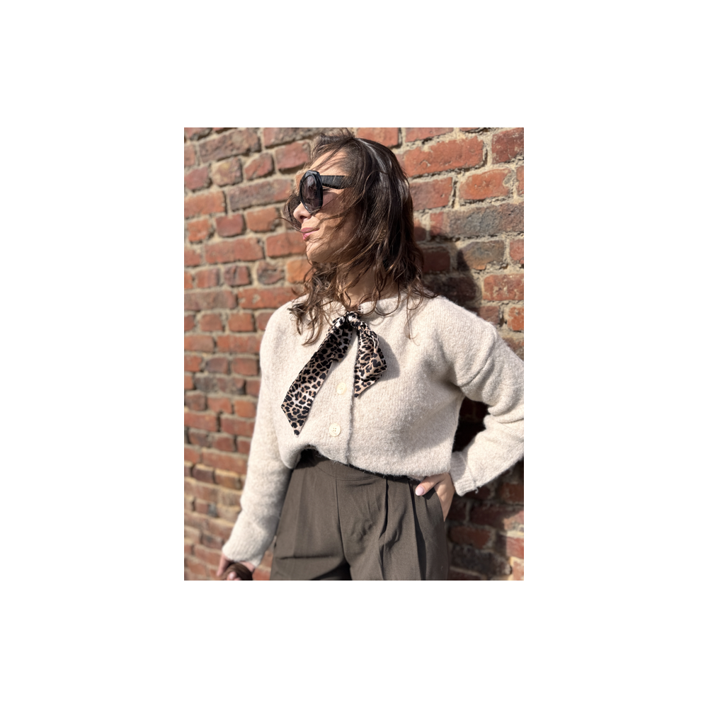 Gilet court femme beige ou marron – Nœud léopard au col – Taille unique 36 à 40 Gilet court femme beige ou marron – Nœud léopard au col – Taille unique 36 à 40