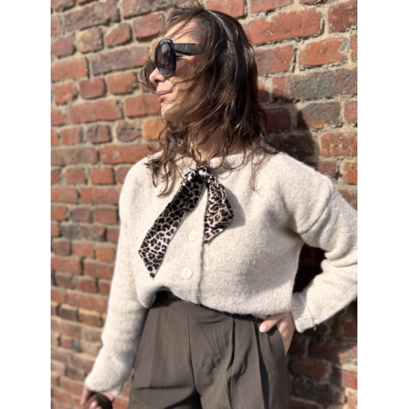 Gilet court femme beige ou marron – Nœud léopard au col – Taille unique 36 à 40