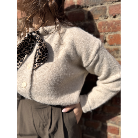 Gilet court femme beige ou marron – Nœud léopard au col – Taille unique 36 à 40