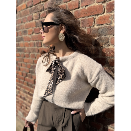 Gilet court femme beige ou marron – Nœud léopard au col – Taille unique 36 à 40