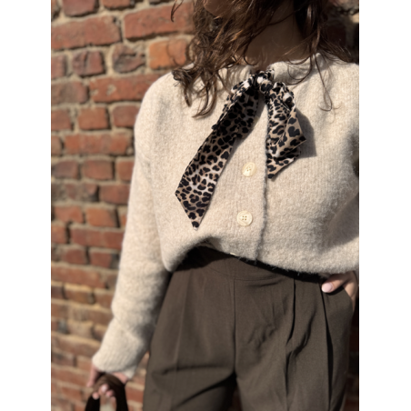 Gilet court femme beige ou marron – Nœud léopard au col – Taille unique 36 à 40