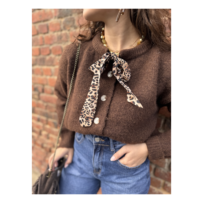 Gilet court femme beige ou marron – Nœud léopard au col – Taille unique 36 à 40