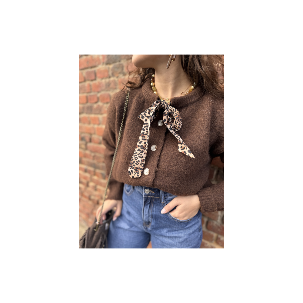 Gilet court femme beige ou marron – Nœud léopard au col – Taille unique 36 à 40