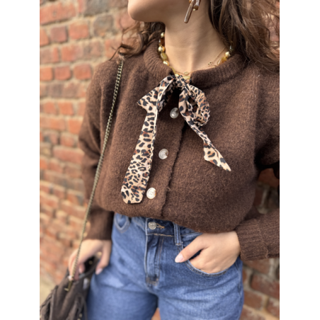 Gilet court femme beige ou marron – Nœud léopard au col – Taille unique 36 à 40
