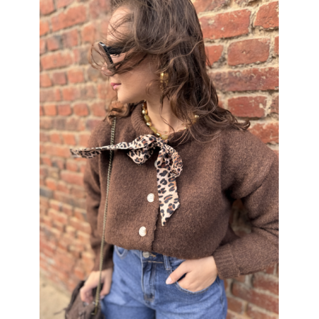 Gilet court femme beige ou marron – Nœud léopard au col – Taille unique 36 à 40